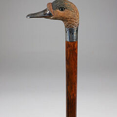 Carved Wood and Silver Duck Head Grip Cane
