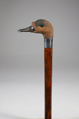 Carved Wood and Silver Duck Head Grip Cane