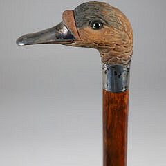 Vintage Carved Wood Duck Head Cane with Silver Beak and Collar