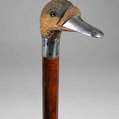 Vintage Carved Wood Duck Head Cane with Silver Beak and Collar
