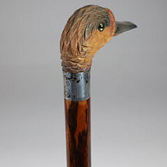 Vintage Carved Wood Duck Head Cane with Silver Beak and Collar