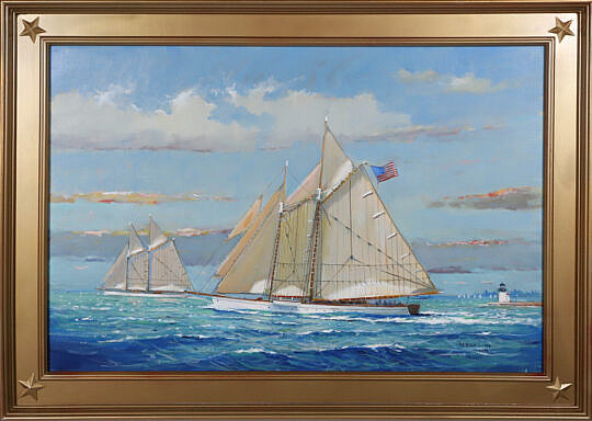 William Lowe (American b. 1941) Oil on Canvas "Schooners Off Brant Point Lighthouse, Nantucket"