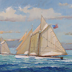 William Lowe Oil on Canvas “Schooners Off Brant Point Lighthouse, Nantucket”