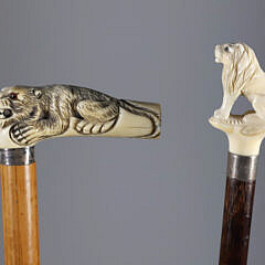 Two Lion Carved Canes 19th Century on Wood Shafts