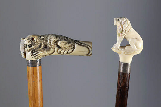 Two Lion Carved Canes 19th Century on Wood Shafts