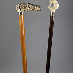 Crouching Tiger L-Grip Cane and Carved Lion Grip Walking Stick, 19th Century
