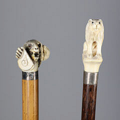 Crouching Tiger L-Grip Cane and Carved Lion Grip Walking Stick, 19th Century