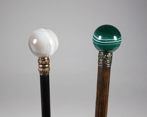 Two Agate Ball Walking Sticks 19th Century on Wood Shafts