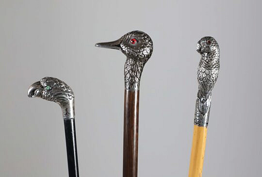 Three Sterling Silver Bird Walking Sticks, 19th Century