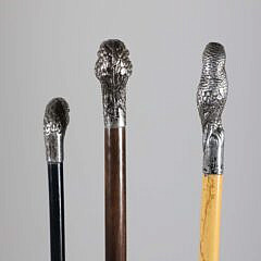 Three Sterling Silver Repousse Bird Head Walking Sticks, 19th Century