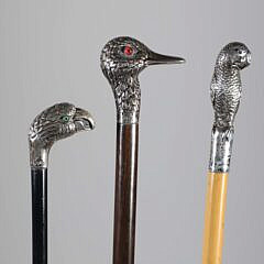 Three Sterling Silver Repousse Bird Head Walking Sticks, 19th Century
