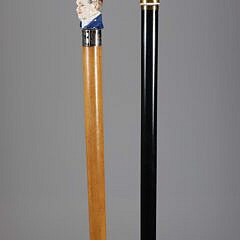 Two Continental Polychrome Porcelain Head Walking Sticks, 19th Century
