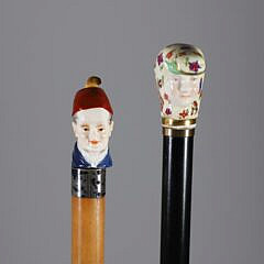 Two Continental Polychrome Porcelain Head Walking Sticks, 19th Century