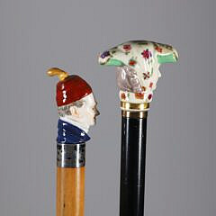 Two Continental Polychrome Porcelain Head Walking Sticks, 19th Century