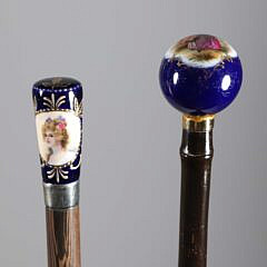 Two Hand Painted French Porcelain Portrait and Courting Walking Sticks, 19th Century