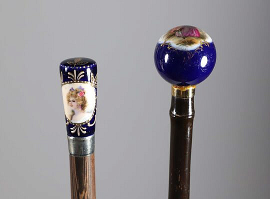 Two Hand Painted French Porcelain Portrait and Courting Walking Sticks, 19th Century