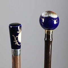 Two Hand Painted French Porcelain Portrait and Courting Walking Sticks, 19th Century