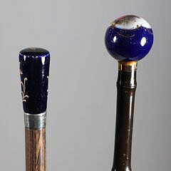 Two Hand Painted French Porcelain Portrait and Courting Walking Sticks, 19th Century