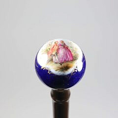Two Hand Painted French Porcelain Portrait and Courting Walking Sticks, 19th Century