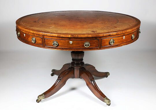 English Regency Exotic Wood Drum Table, 19th Century