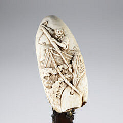 Whaler Made "The Harpooner" Carved Antique Sperm Whale Tooth Walking Stick 19th Century