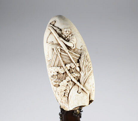 Whaler Made "The Harpooner" Carved Antique Sperm Whale Tooth Walking Stick 19th Century