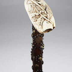 “The Harpooner” Carved Antique Sperm Whale Tooth Walking Stick, 19th Century
