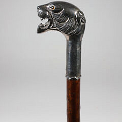 Silver Engraved Growling Tiger Head Grip Walking Stick, 19th Century