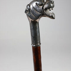 Silver Engraved Growling Tiger Head Grip Walking Stick, 19th Century