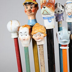 Collection of 15 Vintage Porcelain and Wood Carnival Sticks