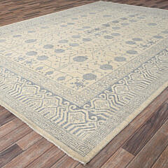 Bone White and Soft Grey Khotan “Pomegranate” Design Hand Knotted Wool Oriental Carpet