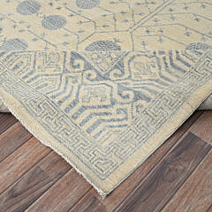 Bone White and Soft Grey Khotan “Pomegranate” Design Hand Knotted Wool Oriental Carpet