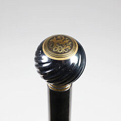 Carved Jet Stone Ball Grip with Brass Cap Walking Stick, 19th Century