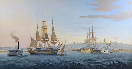 Ben Neill Acrylic Mural Painting "Early Morning Nantucket Harbor, 1842"