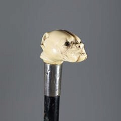 Carved Dog Head and Sterling Walking Stick, 19th Century