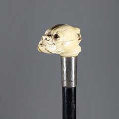 Carved Bulldog Head Grip Walking Stick, 19th Century