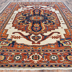 “Antiqued” Fine Persian Serapi Inspired Design Hand Knotted Wool Oriental Carpet, 200 Knots per Square Inch