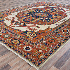 “Antiqued” Fine Persian Serapi Inspired Design Hand Knotted Wool Oriental Carpet, 200 Knots per Square Inch
