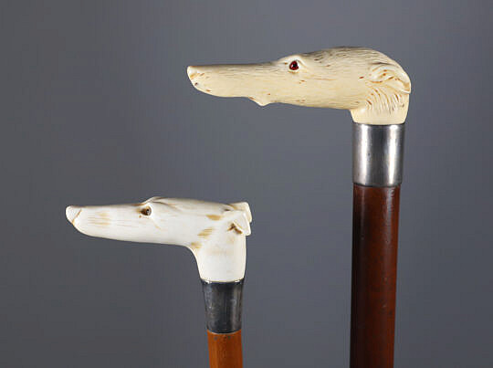 Two Carved Dog Head Canes, 19th Century