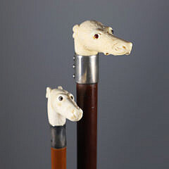 Two Carved Whippet Dog Head Canes, 19th Century