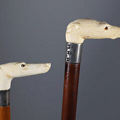 Two Carved Whippet Dog Head Canes, 19th Century