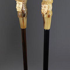 Two Carved Horn European Gentleman Warrior Head Grip Walking Sticks, 19th Century