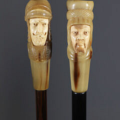 Two Carved Horn European Gentleman Warrior Head Grip Walking Sticks, 19th Century