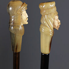 Two Carved Horn European Gentleman Warrior Head Grip Walking Sticks, 19th Century