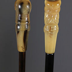 Two Carved Horn European Gentleman Warrior Head Grip Walking Sticks, 19th Century