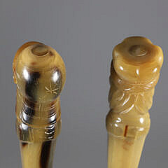 Two Carved Horn European Gentleman Warrior Head Grip Walking Sticks, 19th Century