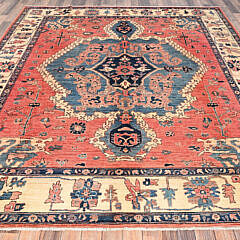 Coral and Blue Hue Serapi Heriz Design Hand Knotted Wool Oriental Carpet