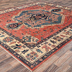 Coral and Blue Hue Serapi Heriz Design Hand Knotted Wool Oriental Carpet