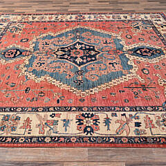 Coral and Blue Hue Serapi Heriz Design Hand Knotted Wool Oriental Carpet