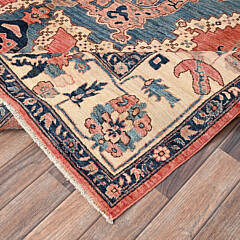 Coral and Blue Hue Serapi Heriz Design Hand Knotted Wool Oriental Carpet